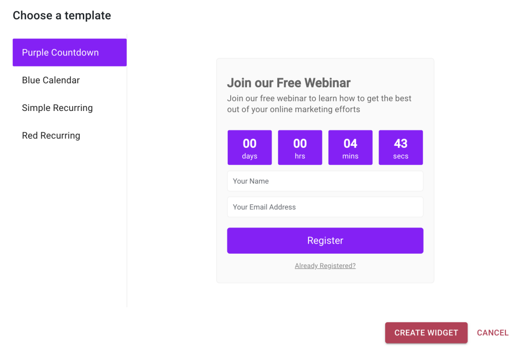 Create a customizable registration widget for your webinar. 