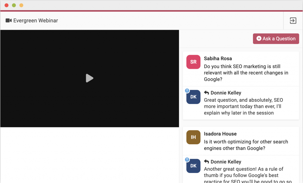 An example of WebinarPress's webinar live chat feature. 