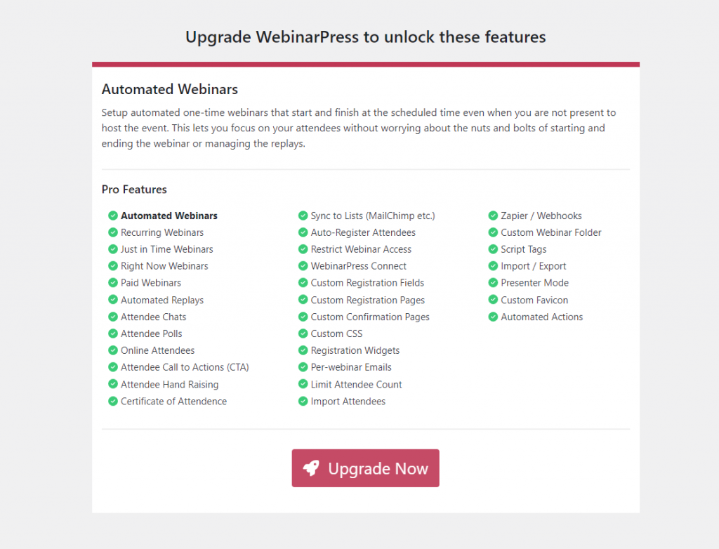 Graphic showing the pro features of WebinarPress.