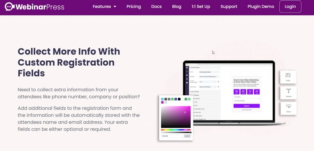 Alt-text: WebinarPress's customizable registration collects key attendee information.