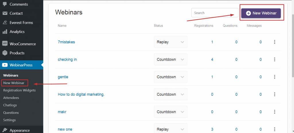 Creating a new webinar in WebinarPress