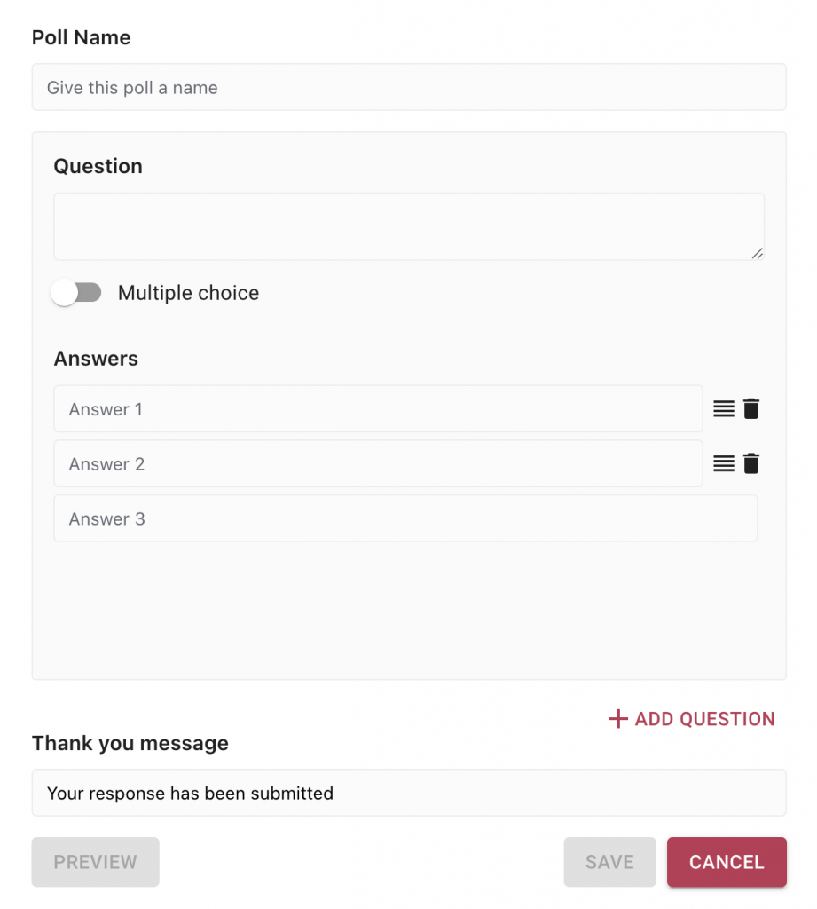 Image of the poll-building function in WebinarPress. The form has fields for a poll name, question, multiple answers, and the ability to toggle multiple choice on or off. The builder also allows you to customize the Thank-you message given to readers after they answer, and the options to Preview, Save, and Cancel. 