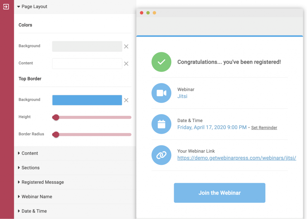 Preview of webinar registration page in WebinarPress. Shows the Page Layout options within the visual editor. The creator has changed the background and text color to a light blue. The preview of the registration page reflects this color change. 