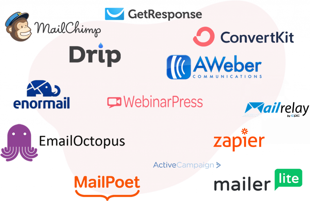 Graphic displaying the email systems you can integrate with WebinarPress, including MailChimp, EmailOctopus, ConvertKit, and more. 